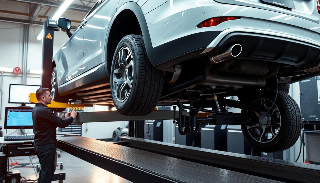 4-wheel alignment showing all wheels being simultaneously adjusted