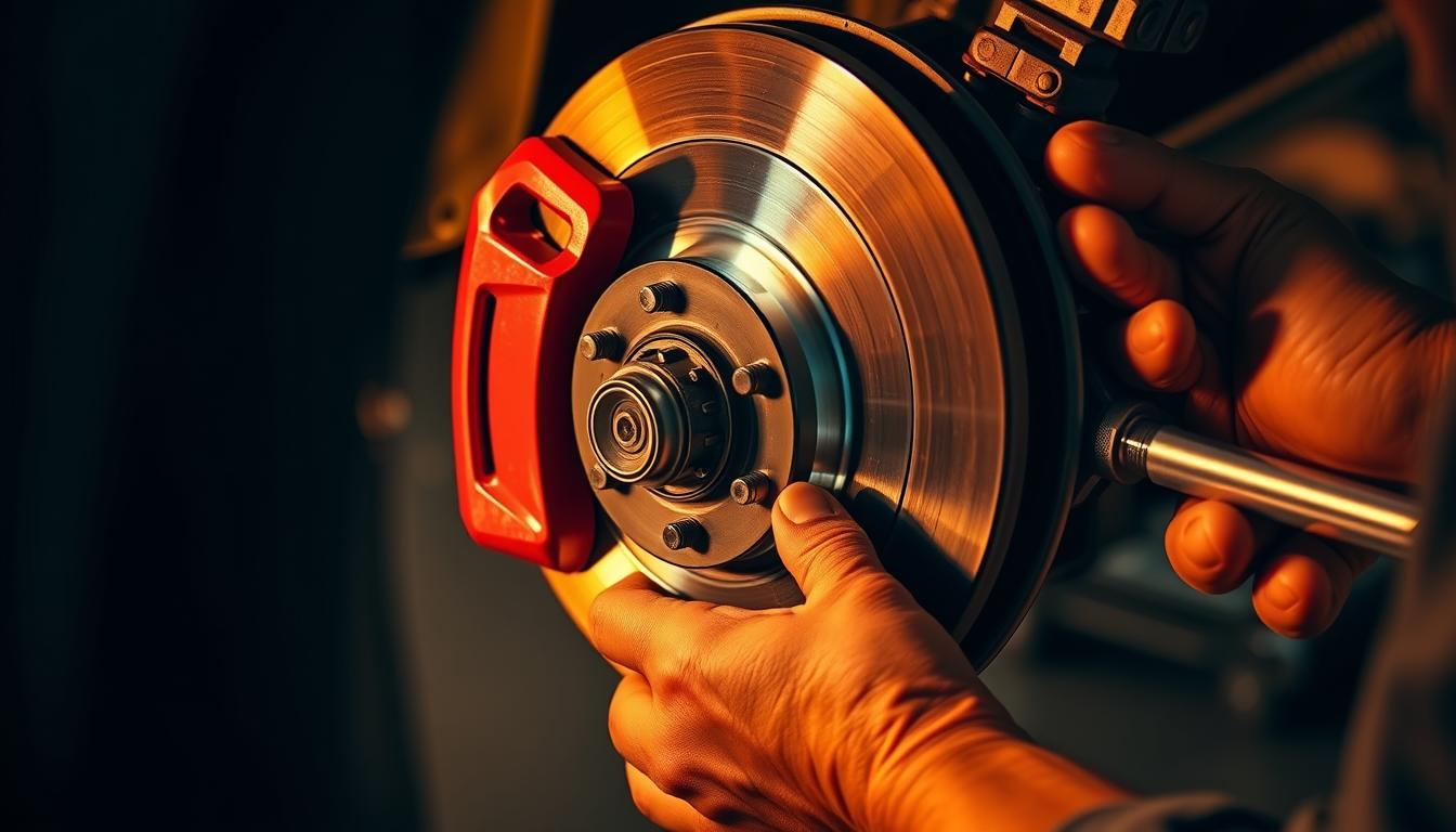 A detailed close-up view of a mechanic's hands carefully installing new disc brake pads onto a car's front wheel. The pads are high-quality, OEM-spec replacements in a distinctive red color. The mechanic's tools, including a torque wrench and a clean work surface, are visible in the frame. Warm, directional studio lighting casts dramatic shadows, emphasizing the precision and care required for this critical automotive repair task. The composition is tightly framed, drawing the viewer's attention to the intricate process of properly securing the new brake components.
