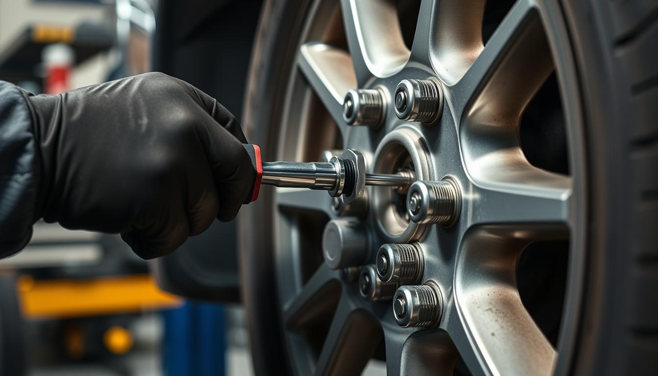 A mechanic using a torque wrench on car wheel lug nuts