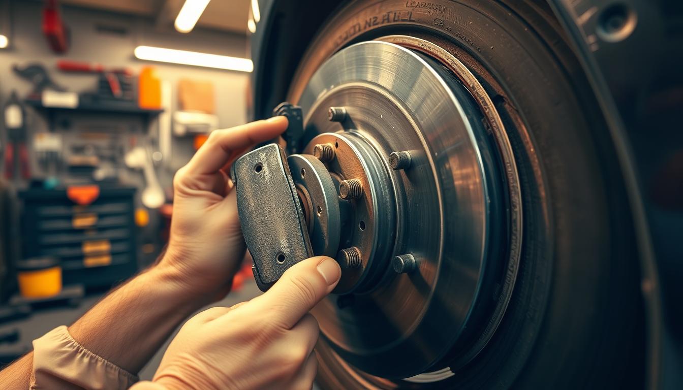 A mechanic's hands carefully removing worn-out brake pads from a car's wheel, surrounded by a well-lit, organized workshop filled with tools and equipment. The pads are being extracted with precision, showcasing the delicate process of brake maintenance. Warm, directional lighting casts subtle shadows, emphasizing the intricate details of the task at hand. The camera angle is positioned at a slight low angle, providing a clear, up-close view of the brake components being serviced.