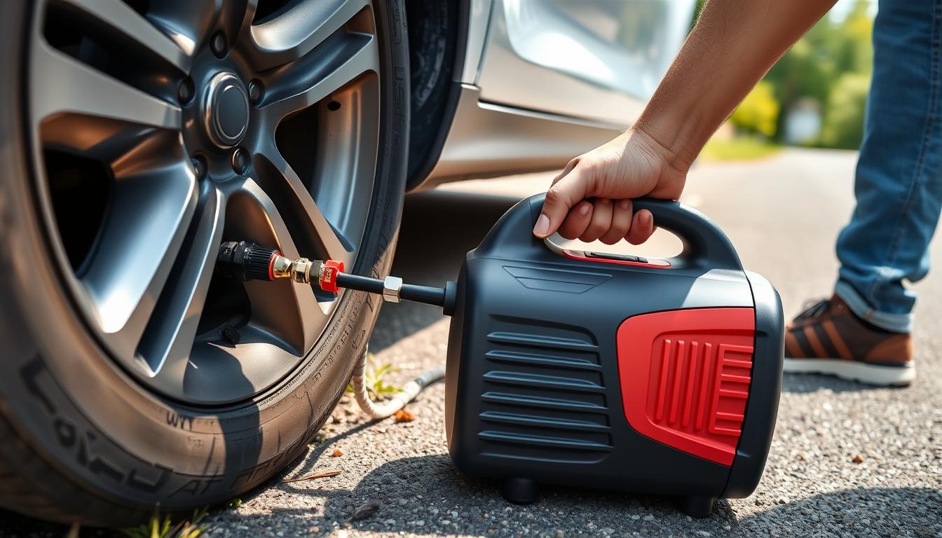 A portable air compressor inflating a car tire on the roadside