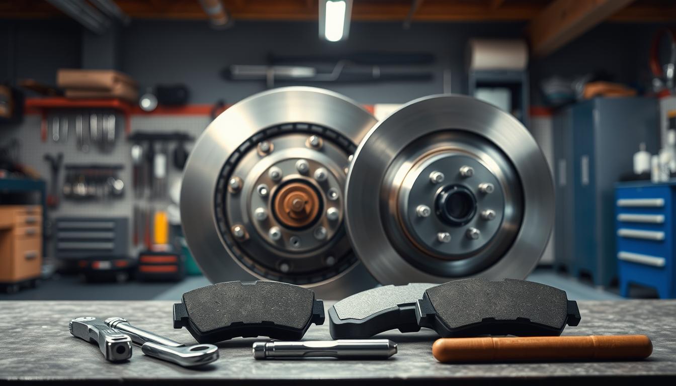 A well-lit, photorealistic garage scene showcasing essential brake maintenance tips. In the foreground, a set of brake pads and tools are neatly arranged on a workbench, inviting the viewer to explore the process. The middle ground features a partially disassembled wheel, revealing the disc brake components. Soft, directional lighting from an overhead source casts subtle shadows, emphasizing the mechanical details. In the background, a clean, organized tool wall and storage cabinets suggest a professional, well-equipped auto repair shop. The overall atmosphere conveys a sense of precision, knowledge, and attention to detail, perfectly suited for the "Aftercare and Brake Maintenance" section of the article.
