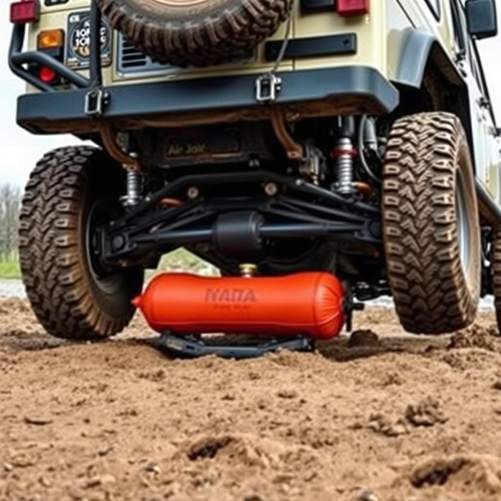 Air bag jack lifting a 4x4 vehicle stuck in muddy off-road terrain
