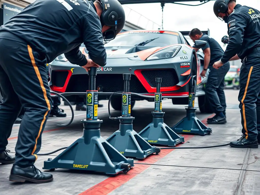 Air jack for car being used to lift a sports car in a racing pit stop