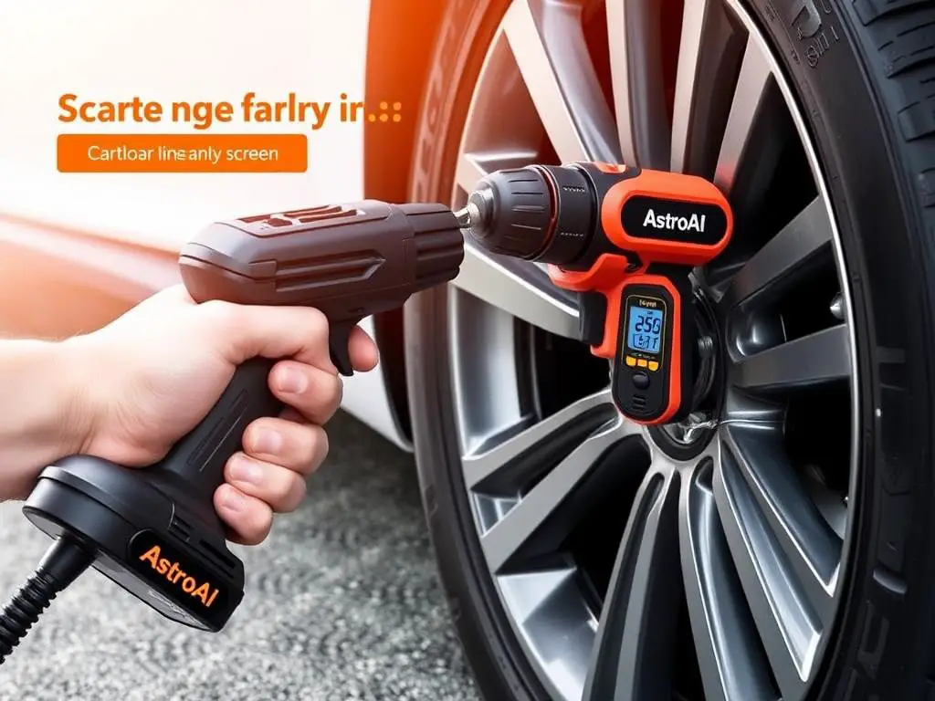 AstroAI Cordless Tire Inflator being used to inflate a car tire