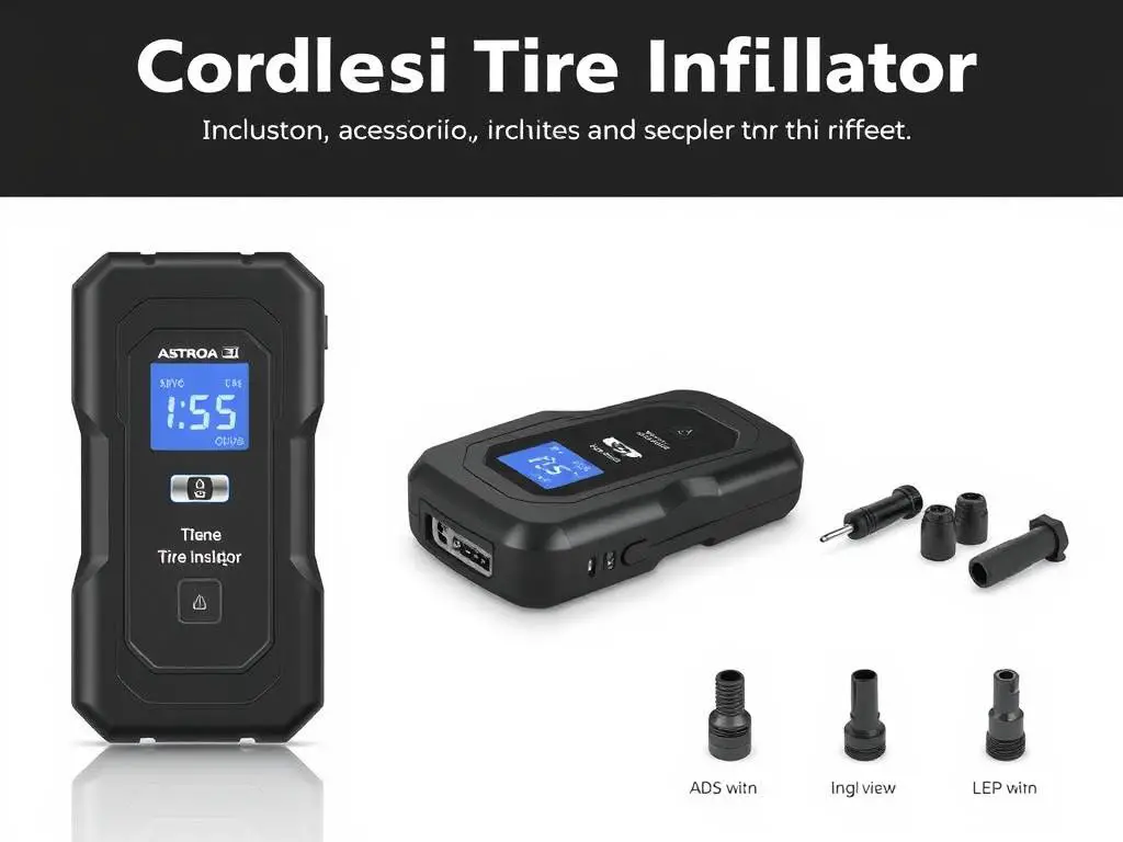 AstroAI Cordless Tire Inflator with digital display and accessories