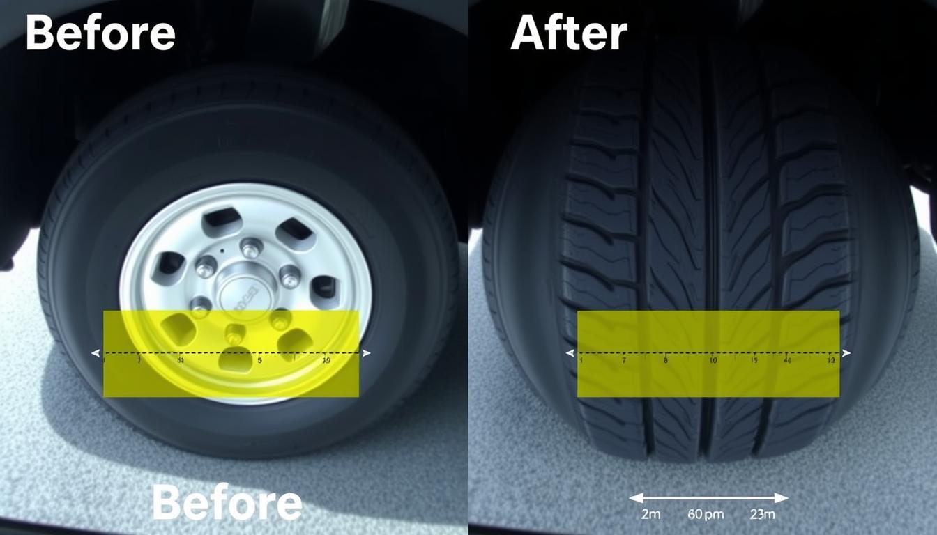 Before and after wheel alignment showing tire wear improvement and alignment angles