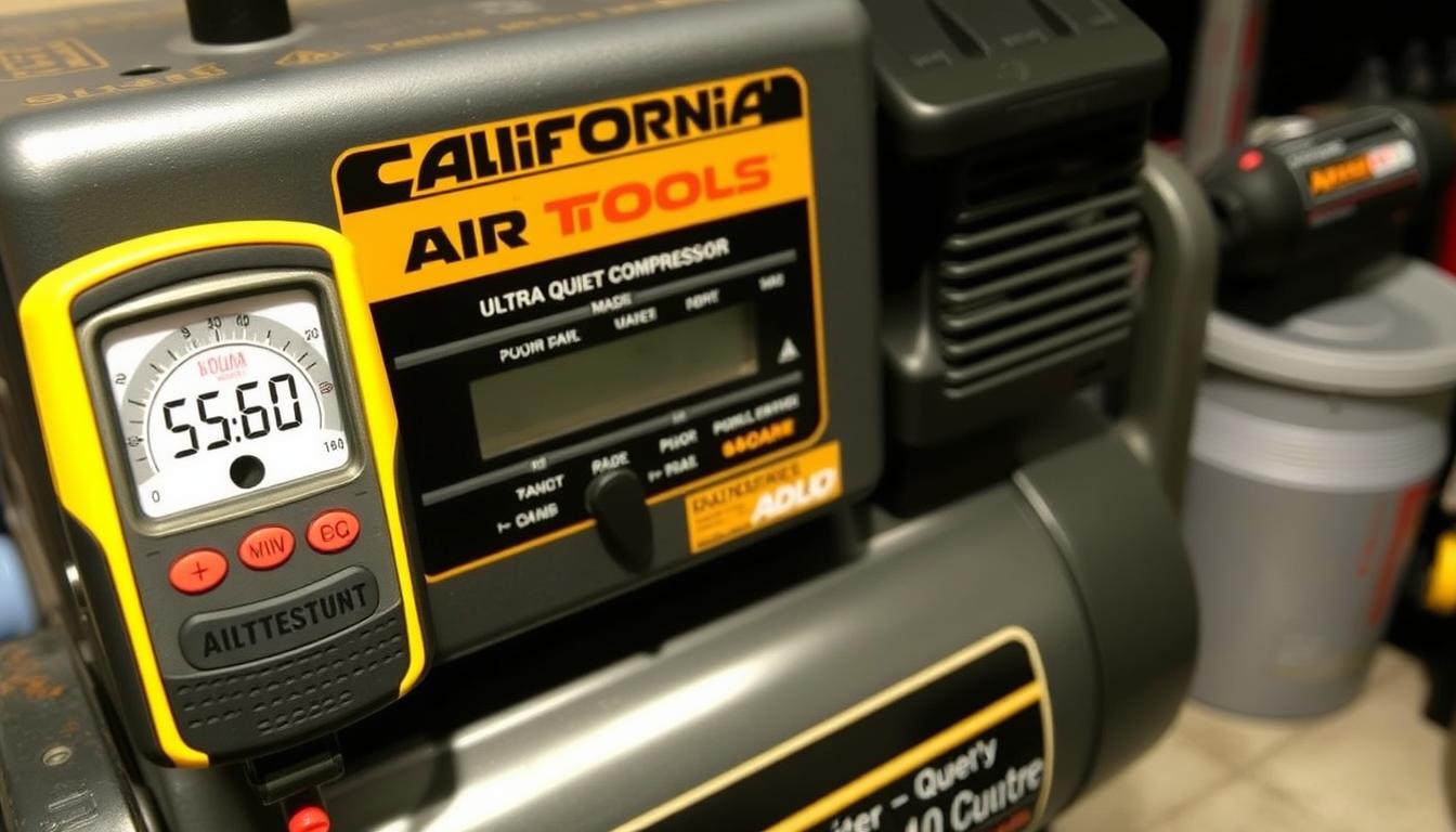 California Air Tools ultra-quiet compressor with decibel meter showing low noise level