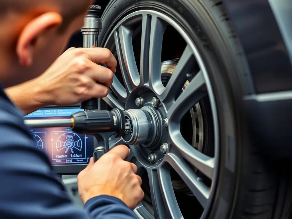 Camber angle adjustment being performed on a wheel