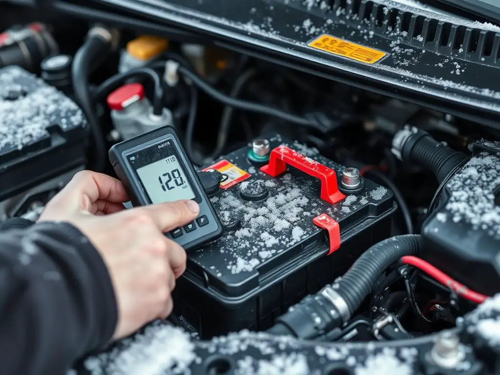 Car battery being checked during winter with a testing device