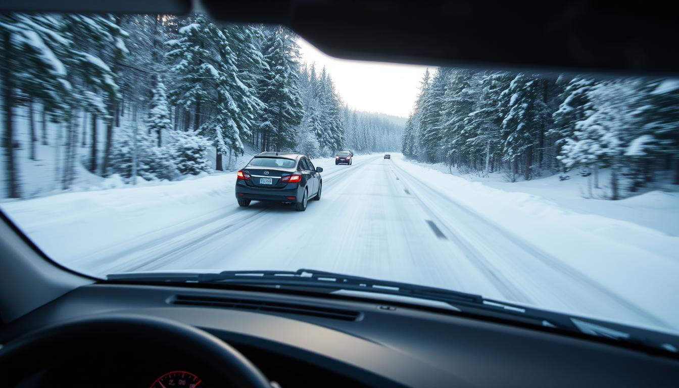 Car driving on snowy road with poor visibility demonstrating winter driving safety challenges