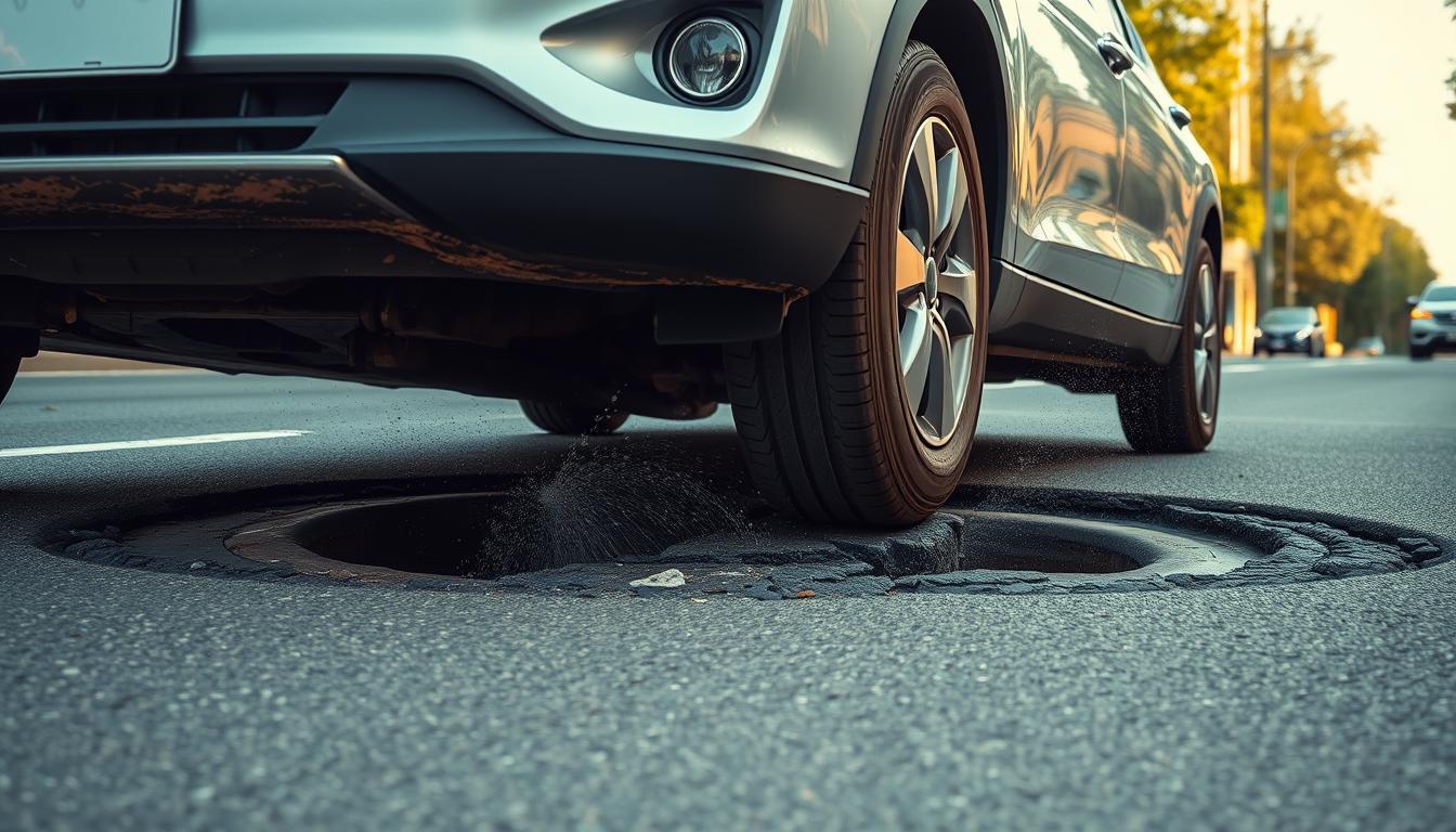 Car driving over a pothole that can cause wheel alignment issues
