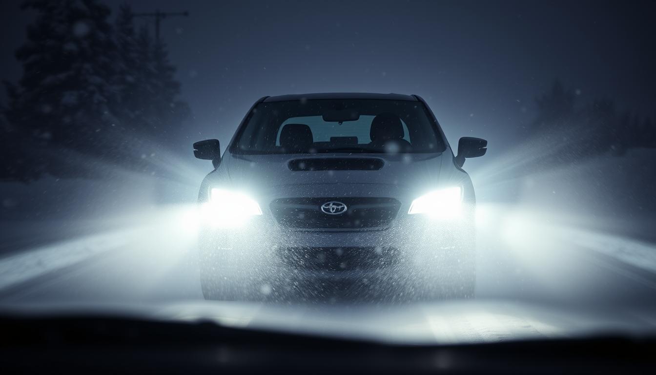 Car driving through heavy snowfall with headlights on