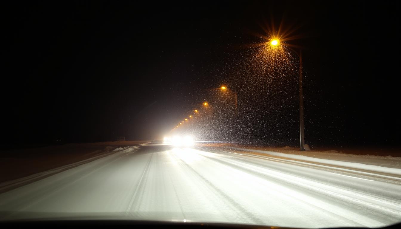 Car headlights illuminating a snowy road at night