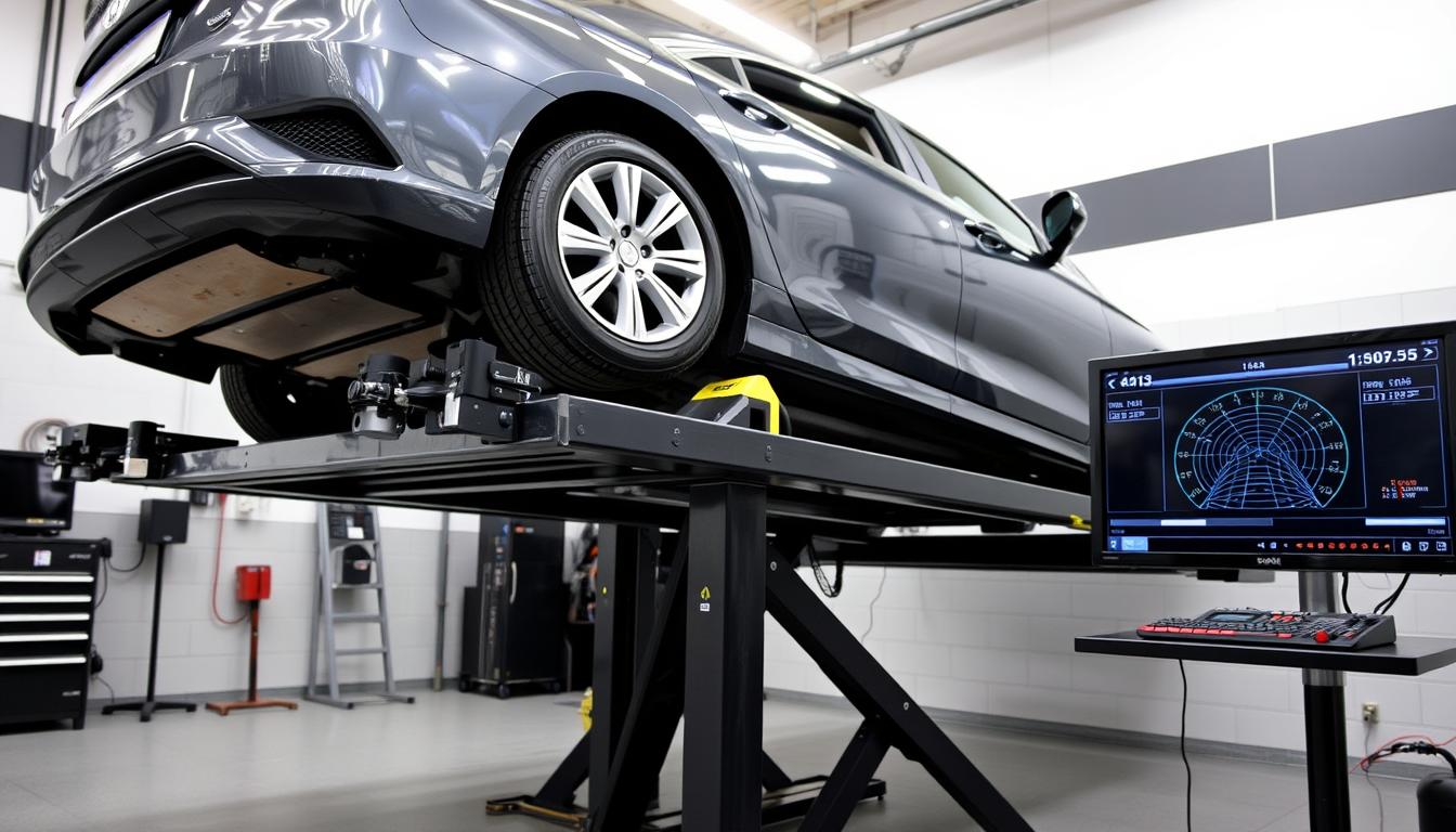 Car on an alignment rack with digital alignment readings displayed