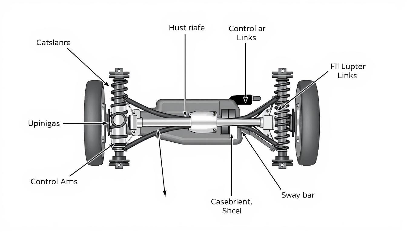 Car suspension system diagram showing key components that commonly experience problems