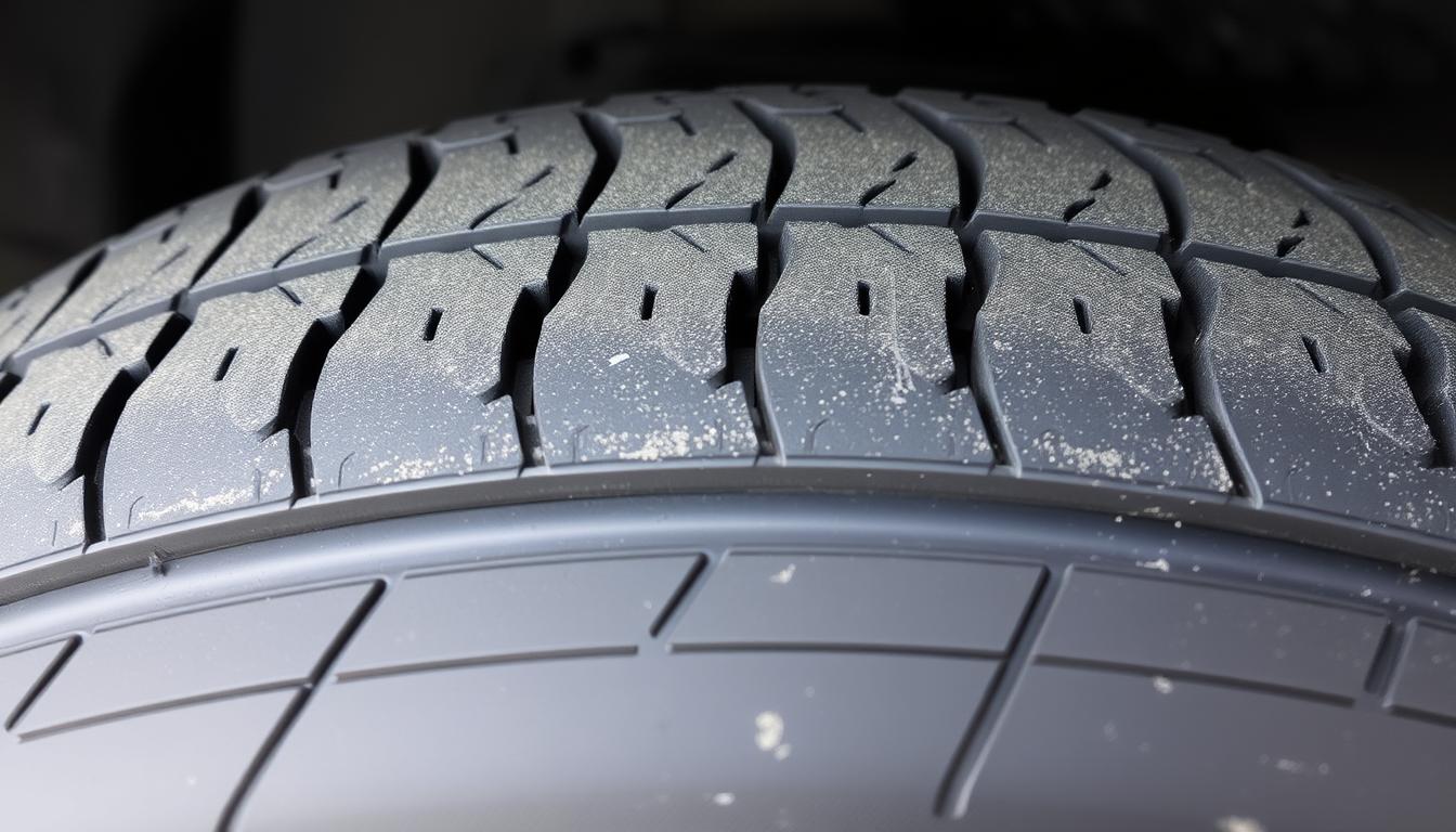 Car tire showing uneven wear pattern due to misalignment