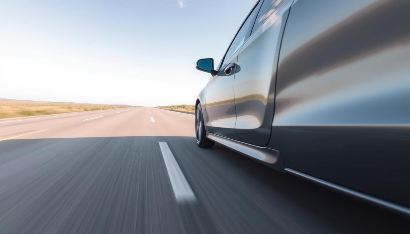 Car with properly aligned wheels driving smoothly on a road