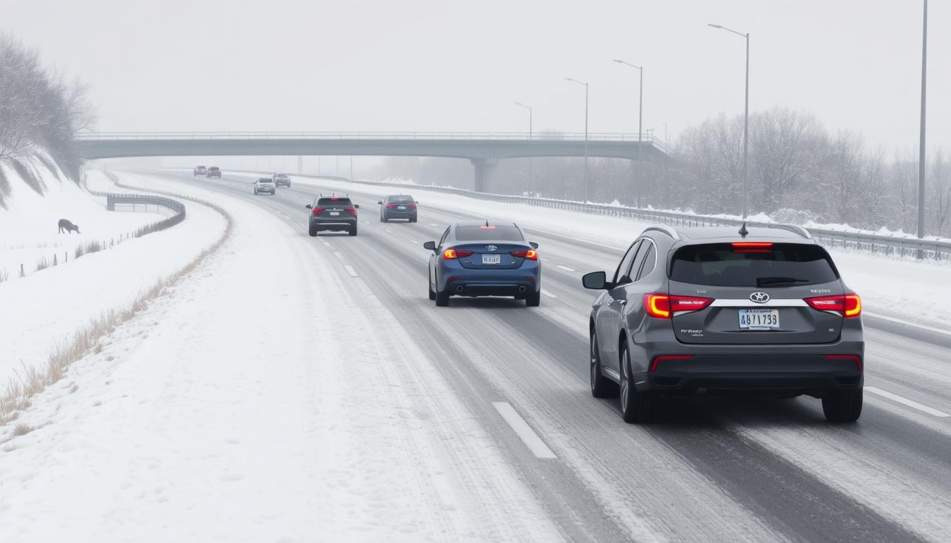 Cars maintaining safe distance on a snowy highway