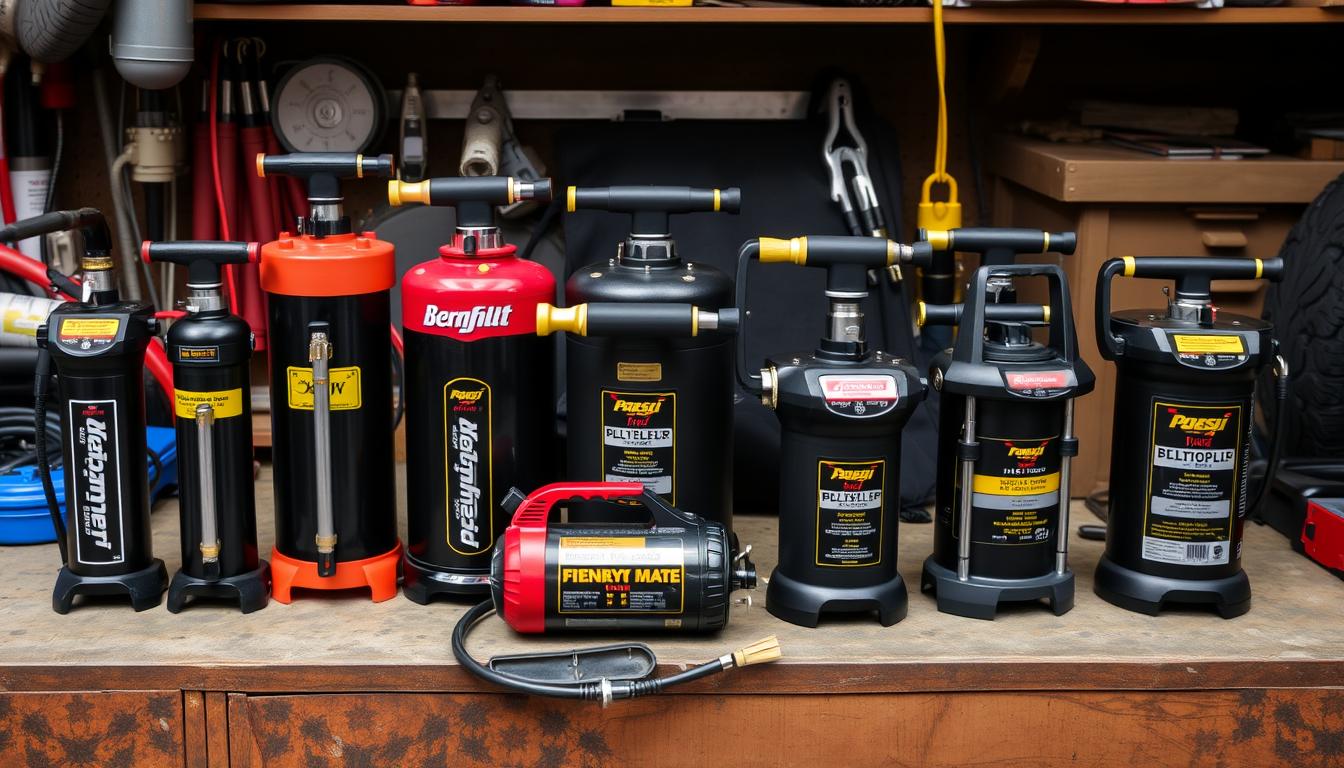 Collection of popular portable tire inflators displayed together showing size comparison