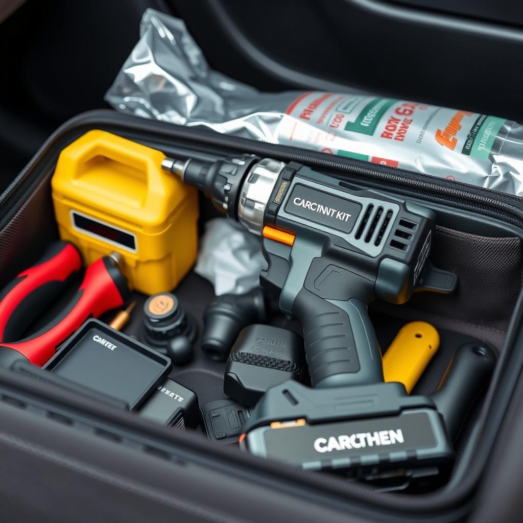 Compact cordless impact wrench in car emergency kit