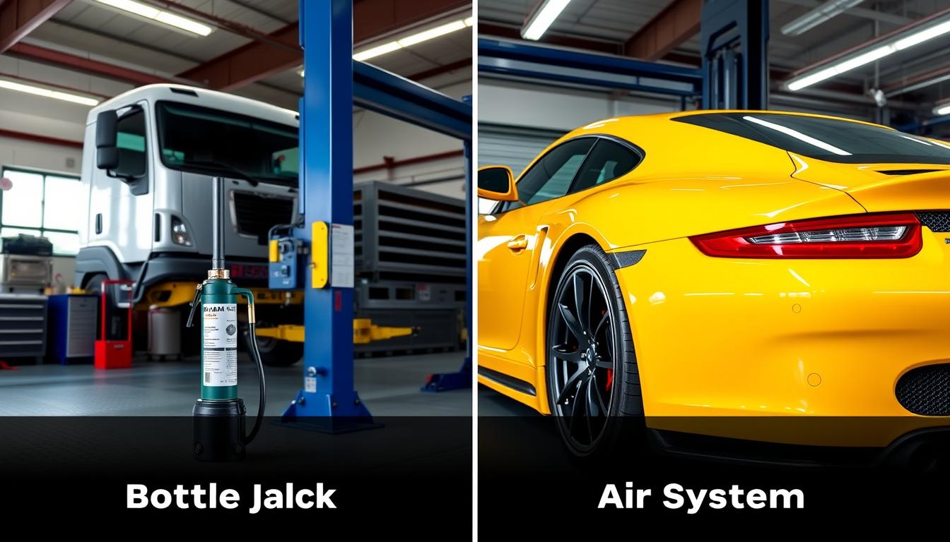 Comparison of a bottle jack and air jack for car being used on different vehicles