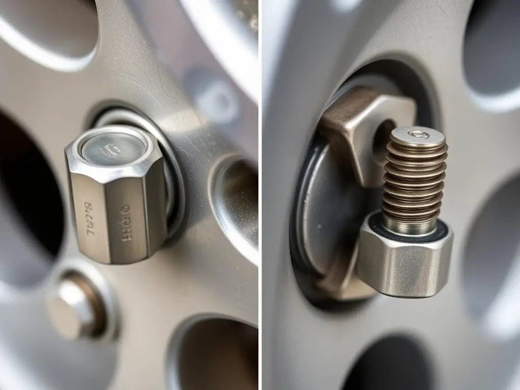 Comparison of properly and improperly tightened lug nuts showing damage