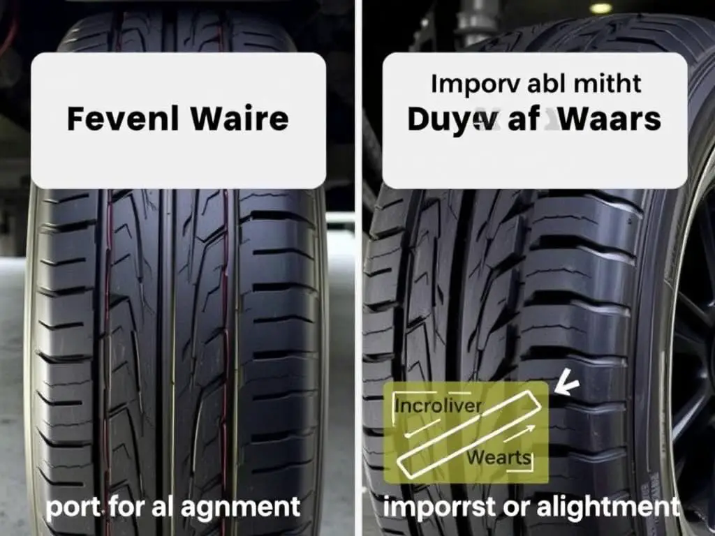 Comparison of tire wear patterns showing the effects of proper vs improper wheel alignment