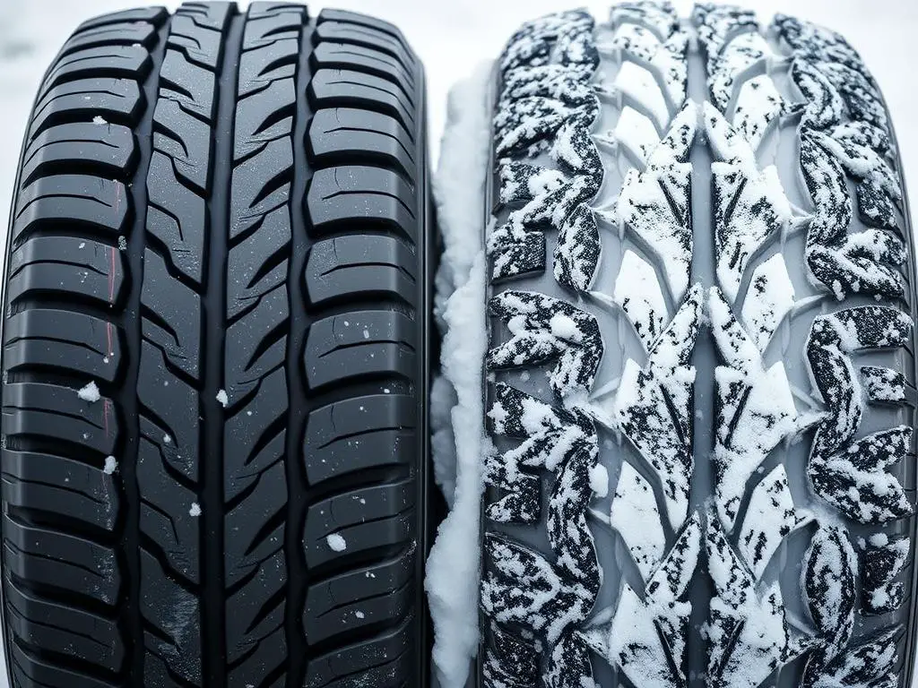 Comparison of winter tires and all-season tires showing tread differences