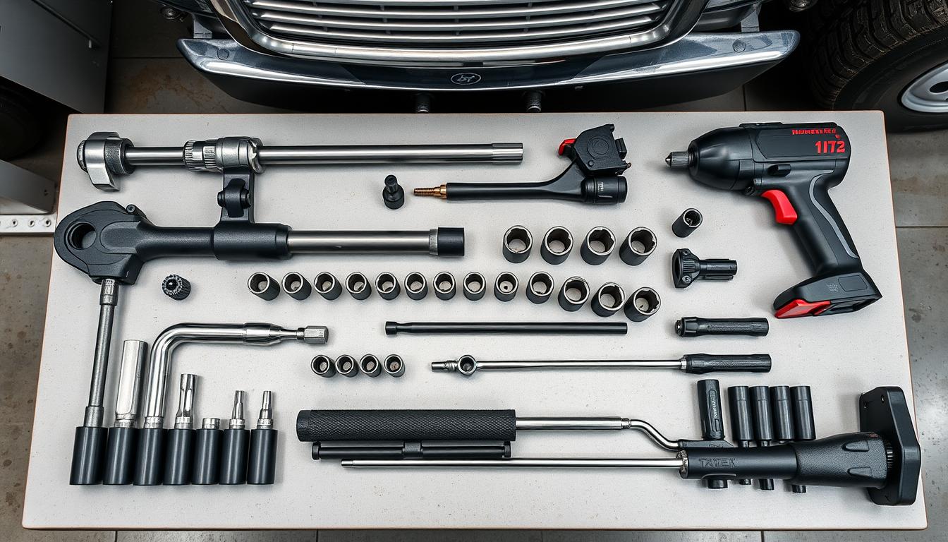 Complete set of heavy-duty lug nut tools for semi trucks arranged on a workbench