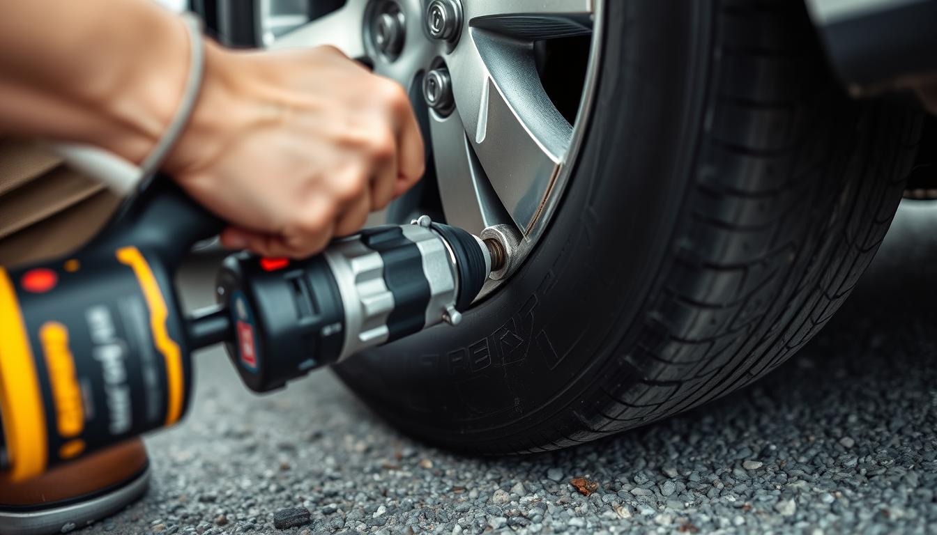 Cordless impact wrench removing lug nuts from a car tire