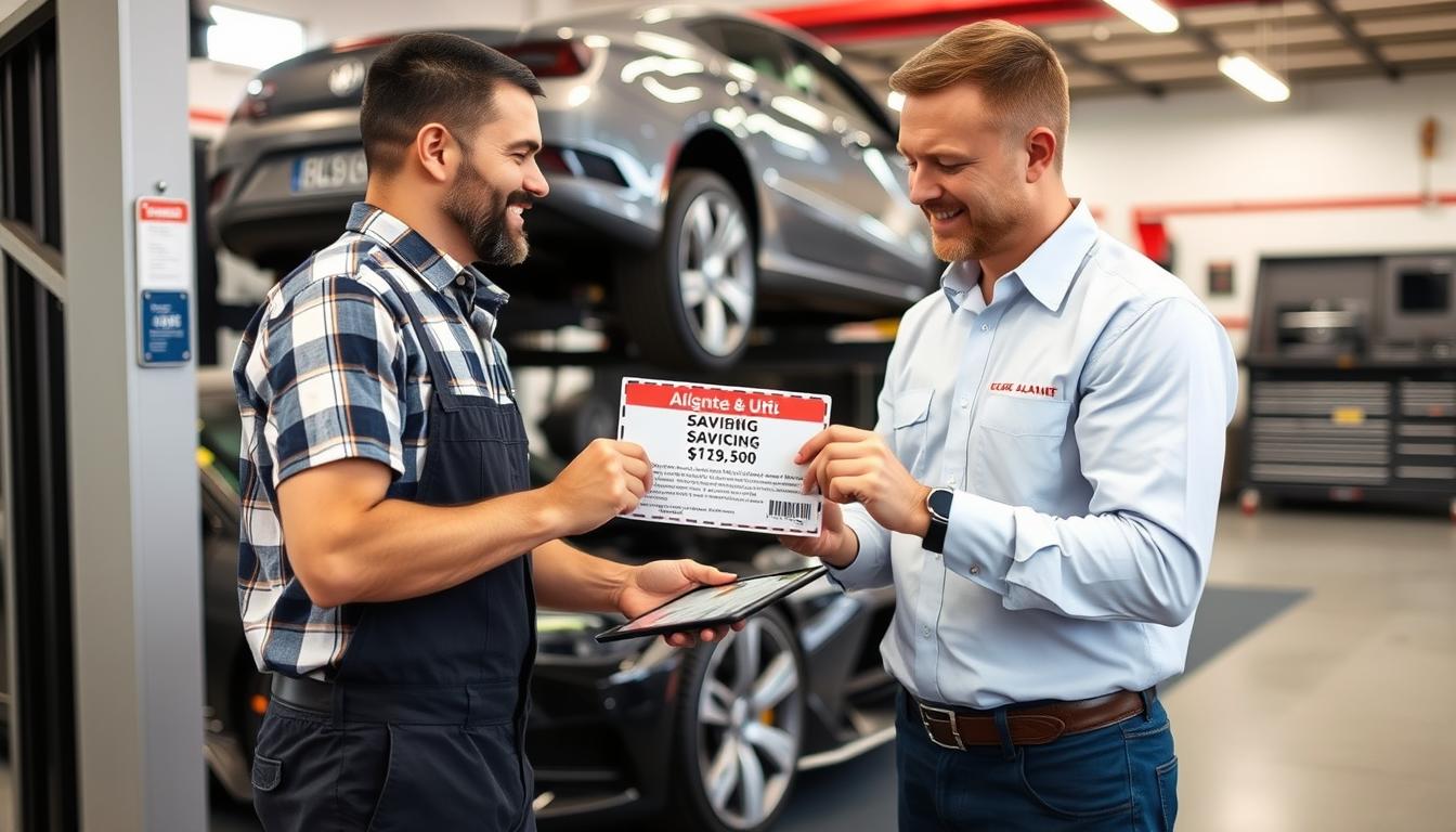 Customer receiving a wheel alignment service discount coupon from a mechanic