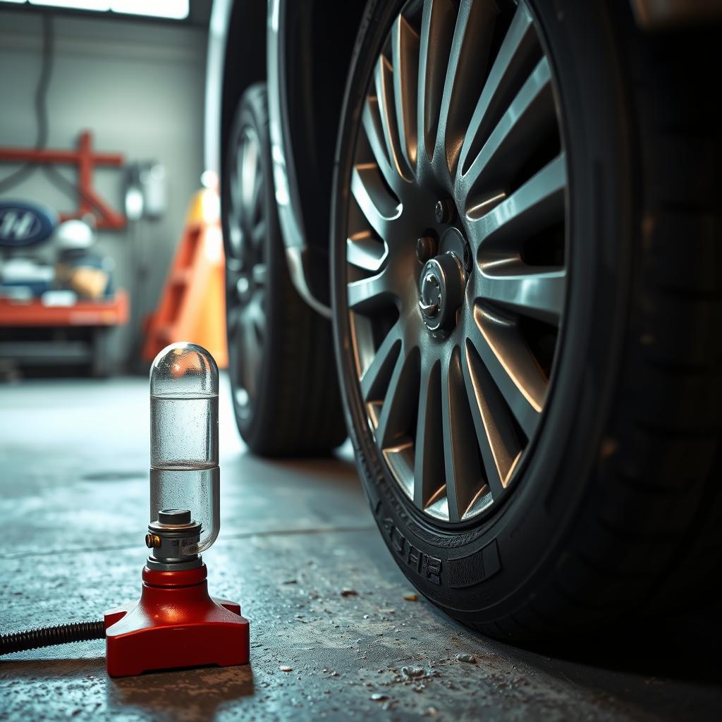 DIY mechanic using a bottle jack to change a tire in home garage