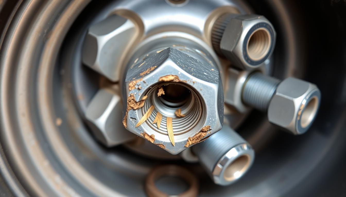 Damaged lug nut and wheel stud from improper impact wrench use Damaged lug nut and wheel stud from improper impact wrench use