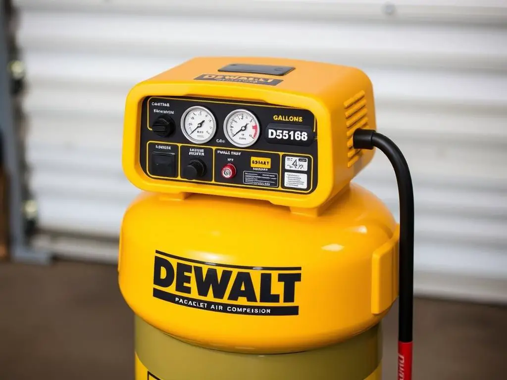 DeWalt D55168 pancake compressor with its distinctive yellow housing and 6-gallon tank