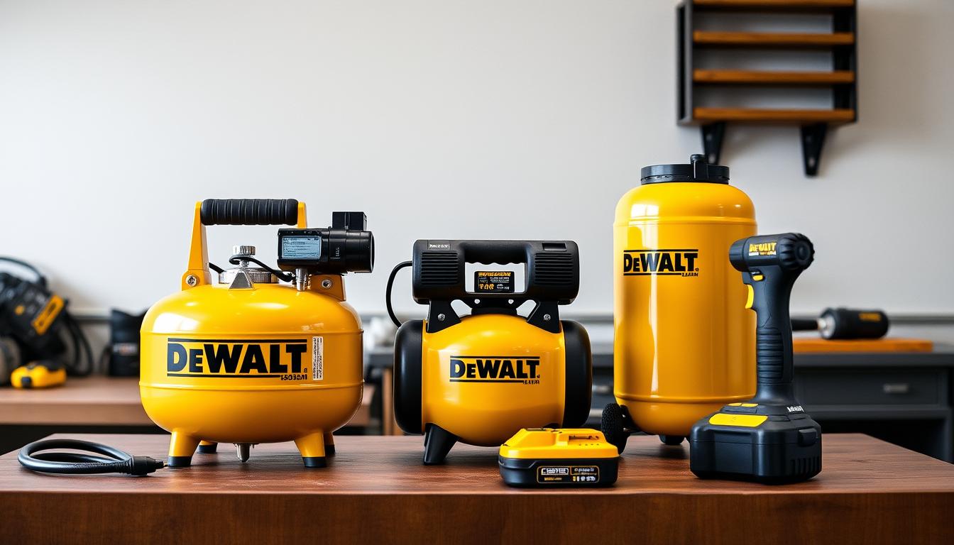 DeWalt portable air compressors lineup showing pancake, handheld and cordless models