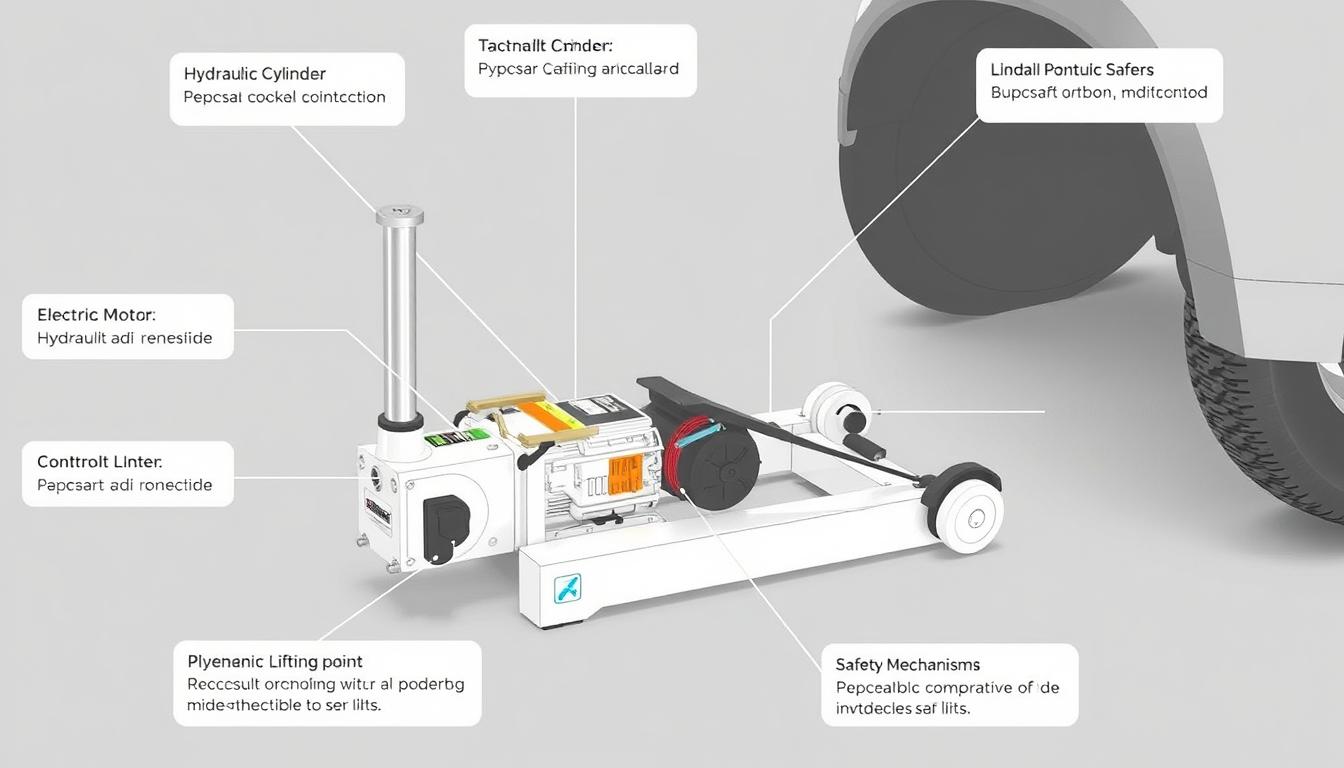 Diagram showing key components and features of an electric car jack
