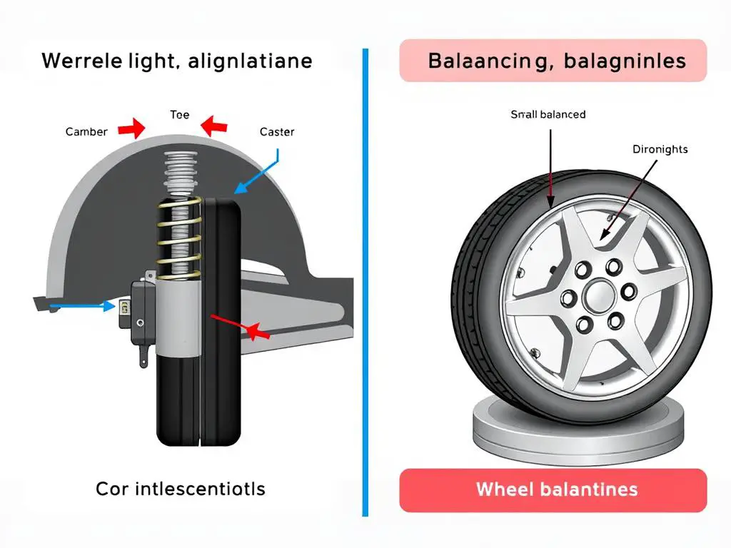 Diagram showing the difference between wheel alignment and wheel balancing processes