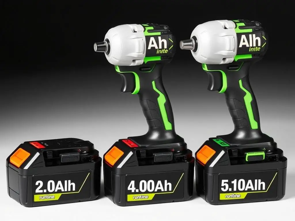 Different sized impact wrench batteries showing capacity differences