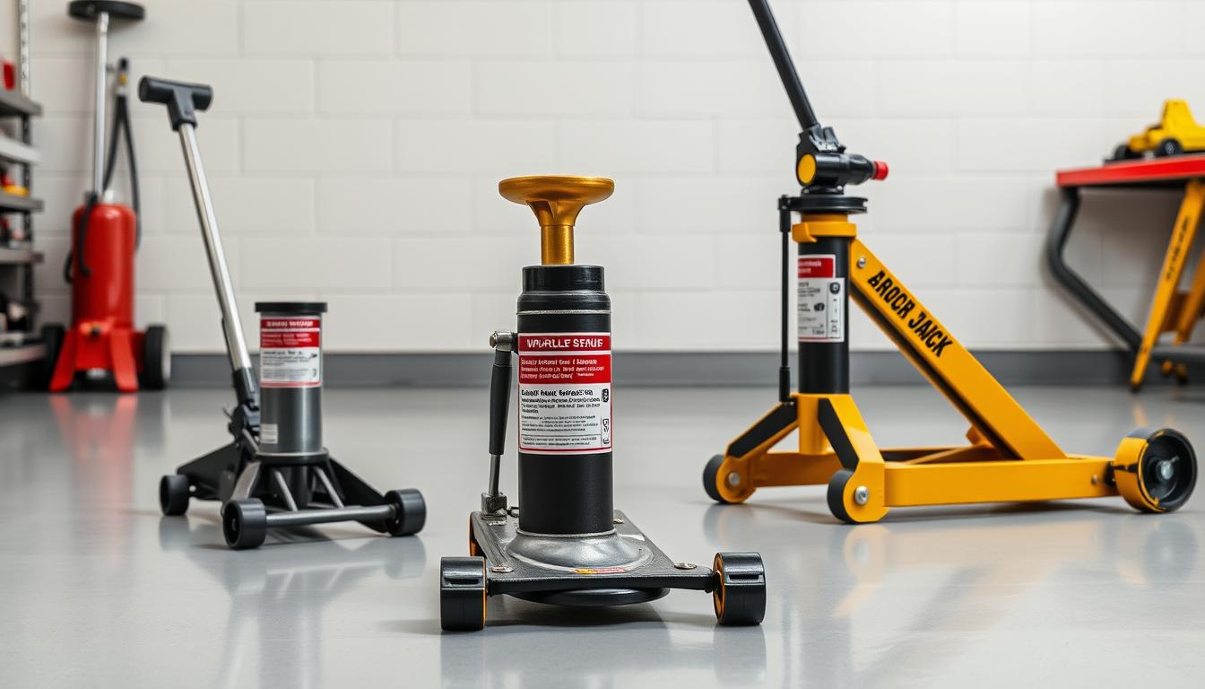 Different types of floor jacks for cars and trucks including hydraulic, low-profile, and heavy-duty models