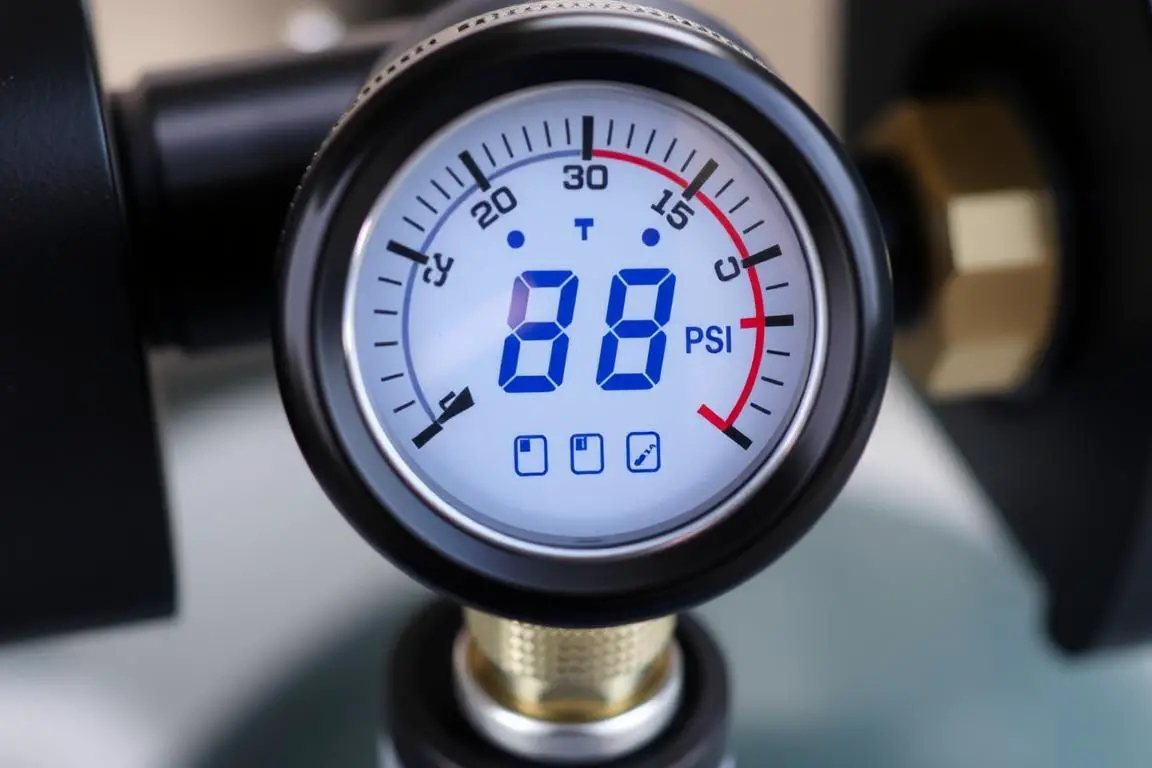 Digital pressure gauge on a portable air compressor showing PSI reading