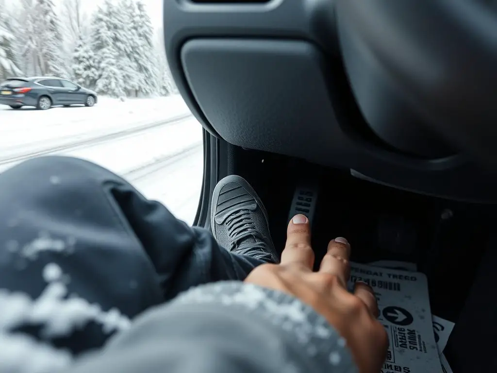 Driver demonstrating gentle braking technique in snow
