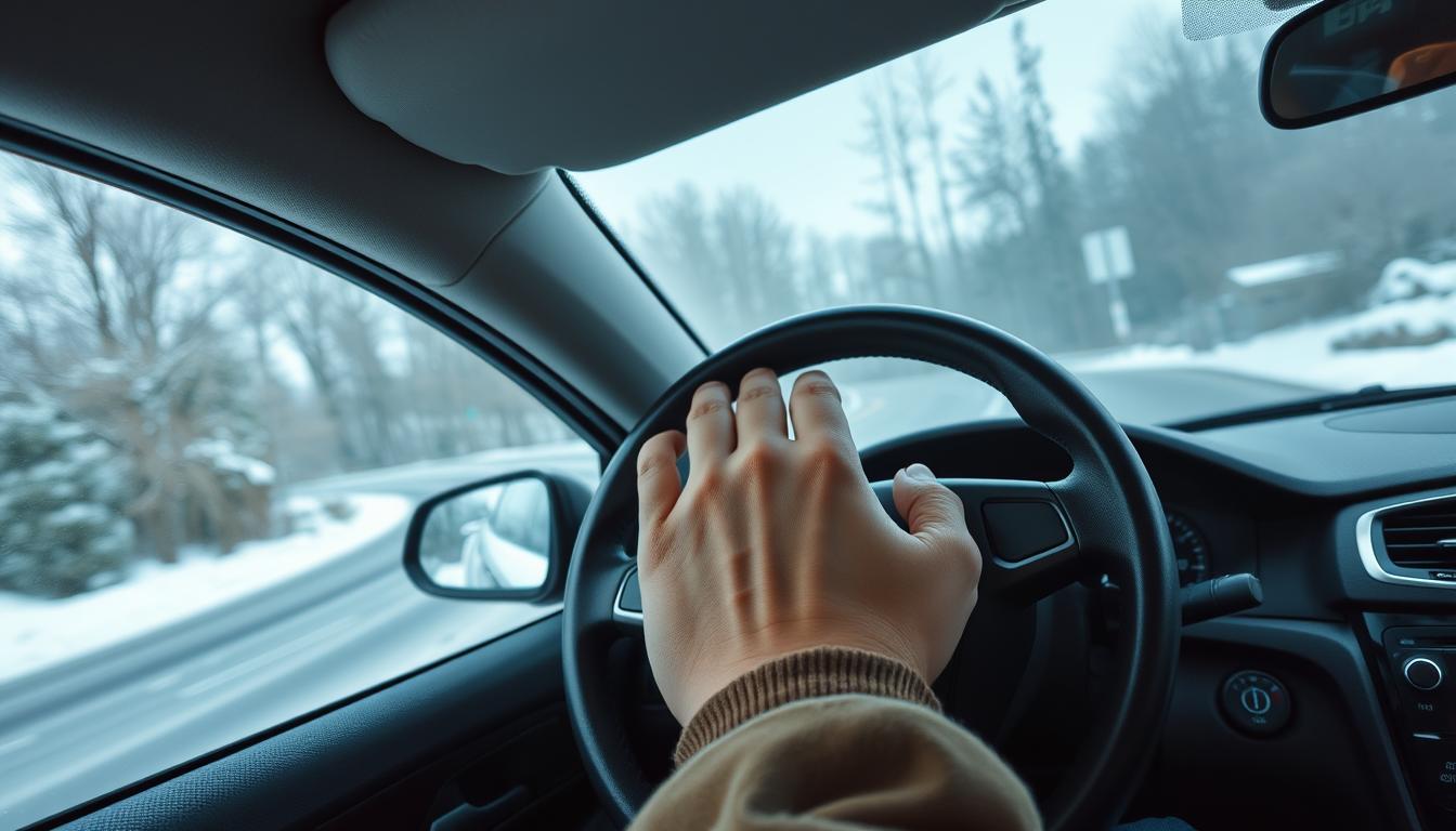 Driver demonstrating smooth steering technique on icy road