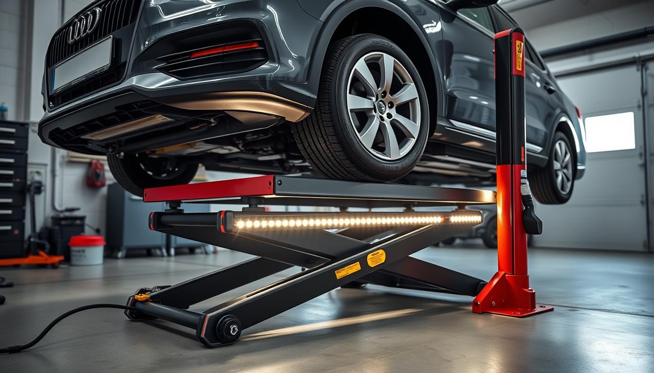 Electric car jack lifting a sedan with LED lights illuminating the work area