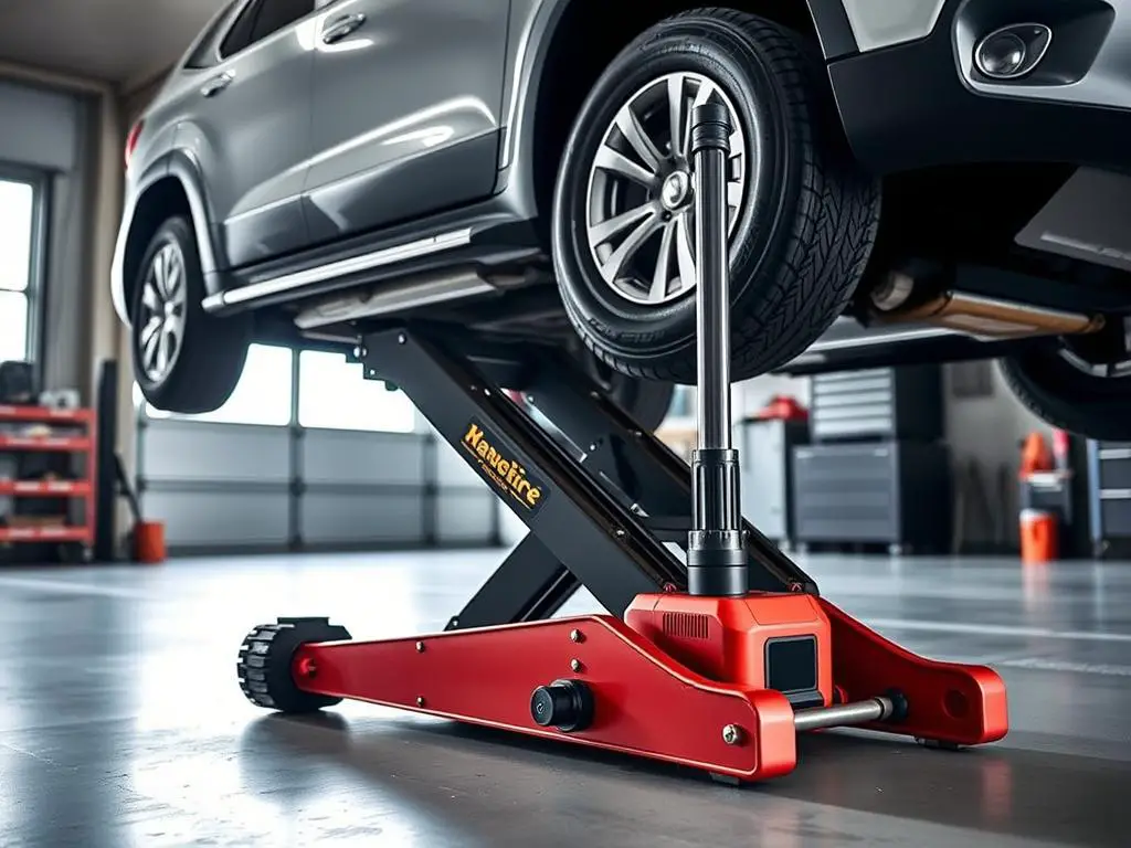 Electric hydraulic floor jack lifting an SUV in a garage setting
