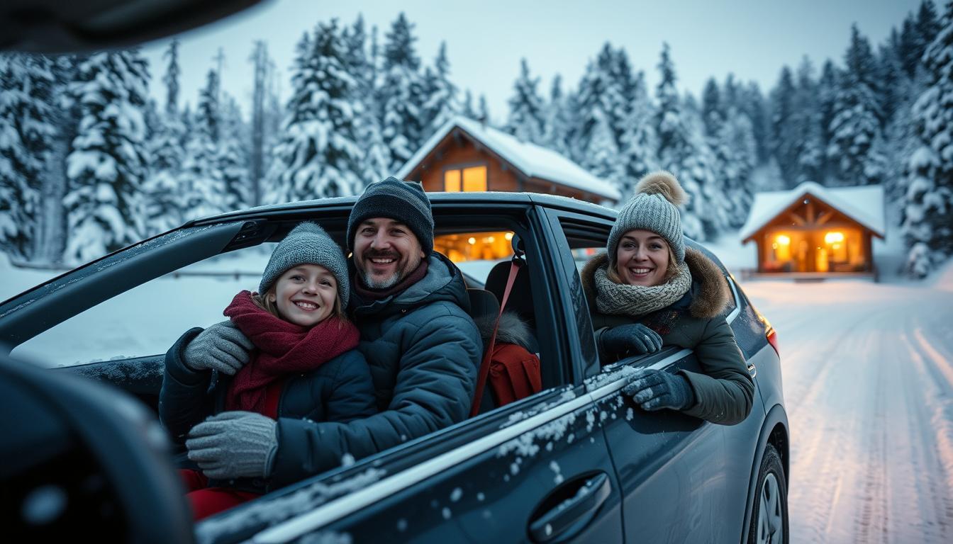 Family safely arriving at winter destination after practicing winter driving safety tips