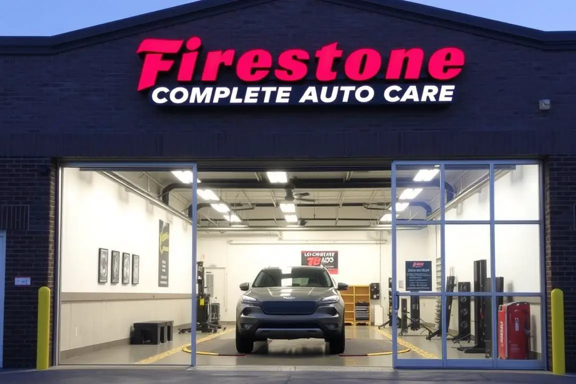 Firestone service center with wheel alignment bay showing alignment equipment