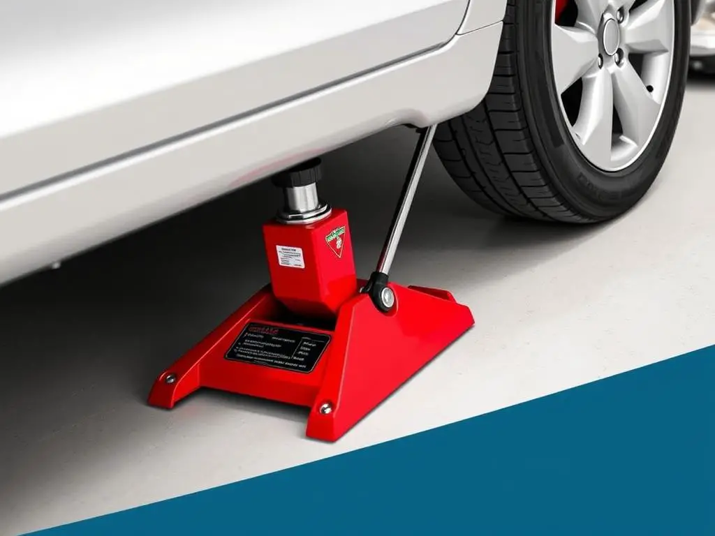 Floor jack from Canadian Tire being used to lift a sedan