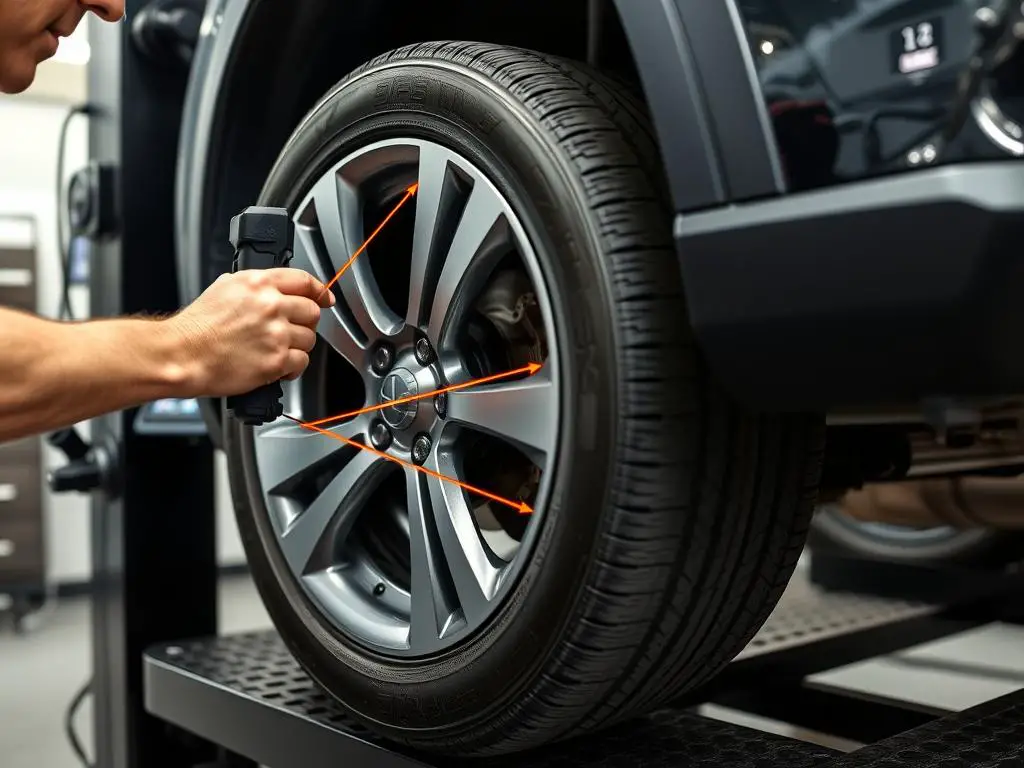 Front-end alignment being performed showing only the front wheels being adjusted