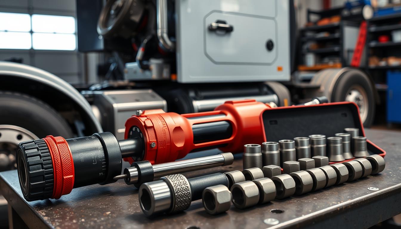 Heavy-duty lug nut tools arranged for truck maintenance with a semi truck in the background
